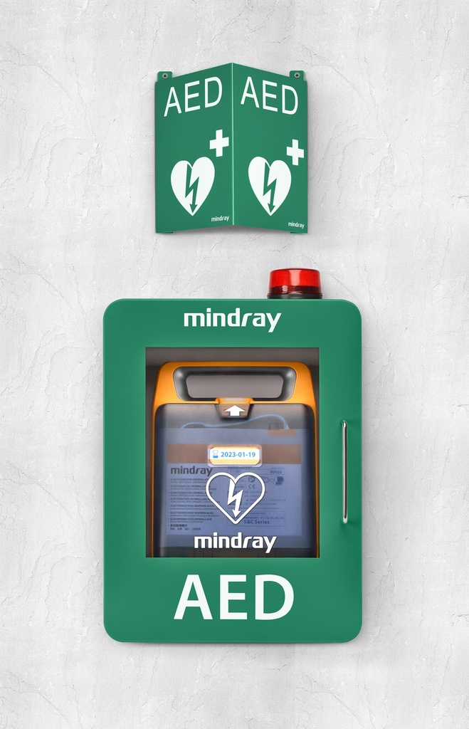 Mindray AED skápur með skilti og ljósi